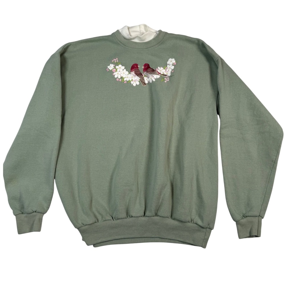 VTG Artisans Women XL Bird Flower Sweatshirt Sage Green Mockneck‎ Cottage Granny